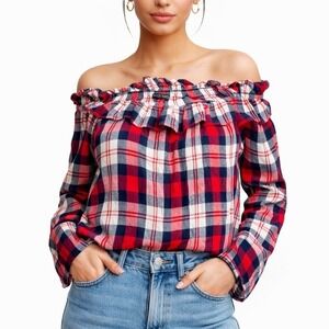 Mixed Threads Womens Size L Red Plaid Off Shoulder Ruffle Blouse Long Sleeve